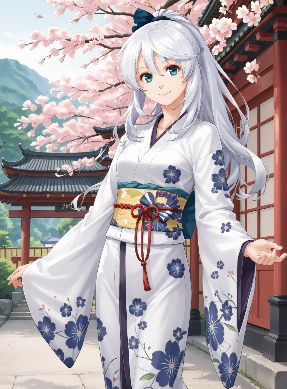 58837-1888322794-Yuki Hiiragi, 1girl, solo, ponytail, hair bow, balck japanese clothes,balck kimono,floral print,Long sleeves,outdoors,  (balck c.png